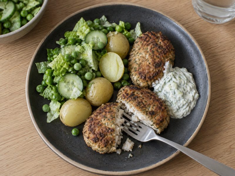 Fiskefrikadeller med kartofler og grøn salat på en mørk tallerken, set ovenfra