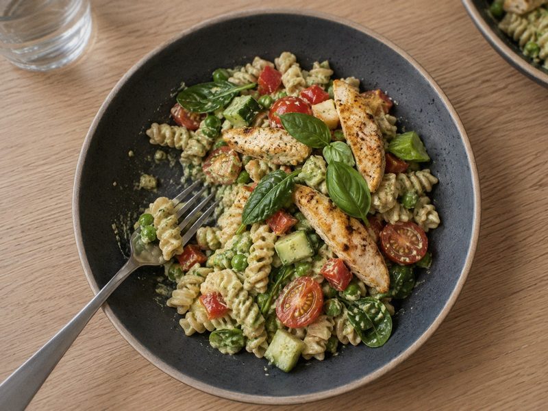 Fuldkornspastasalat med kylling, ærter og pesto på en mørk tallerken, set ovenfra