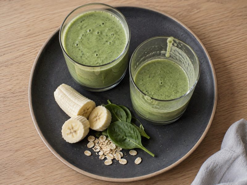 Grøn smoothie med spinat, banan og havregryn i to glas på en mørk tallerken, set ovenfra