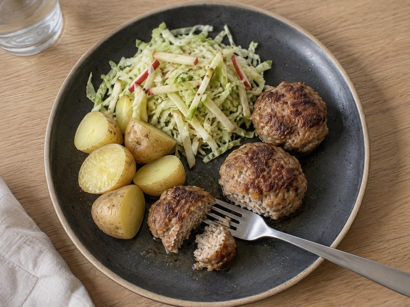 Halv-og-halv-frikadeller med kartofler og spidskålssalat på en mørk tallerken, set ovenfra