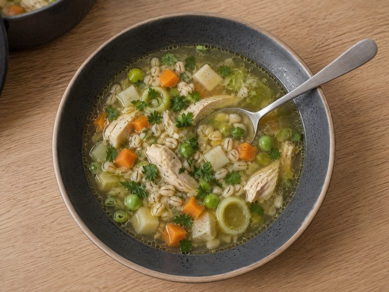Kyllingesuppe med grøntsager og perlebyg på en mørk tallerken, set ovenfra