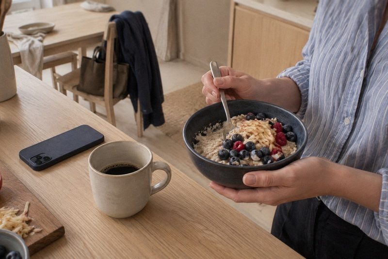 En person holder en skål havregrød med bær ved køkkenbordet, hvor der står en kop kaffe