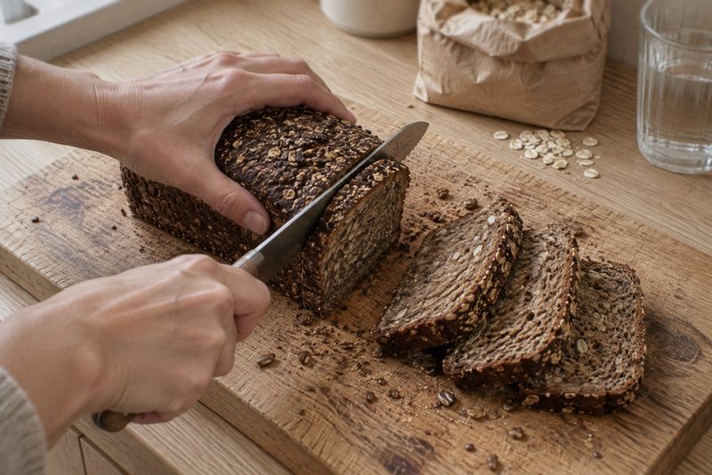 Hænder skærer skiver af et groft rugbrød med kerner på et skærebræt